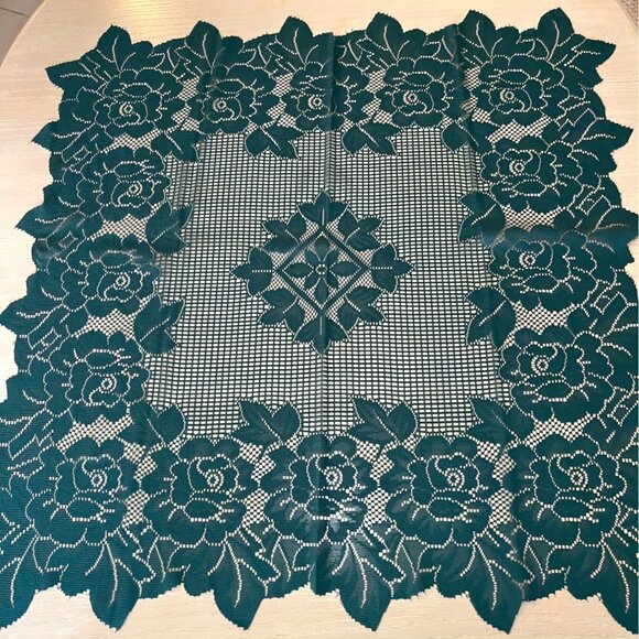 Lace Rose Flower Floral Green Tablecloth Holiday Party Open Weave Cutout Square - Picture 2 of 10